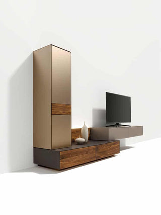 Cubus Pure Wohnwand in Nussbaum mit Farbglas bronze und Farbglas dunkelbraun.