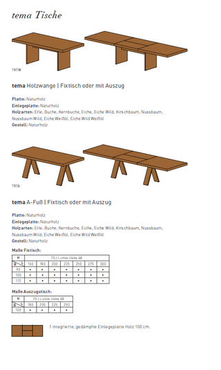 Übersicht Varianten und Maße von Team7 Tisch Tema