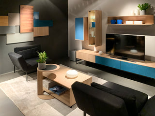 Team7 Wohnwand Filigno mit Metallgestell, Medienmöbel mit Akustikstoff metallic-blau