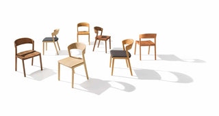 Mylon Stuhl mit und ohne Sitzpolster in verschiedenen Holzarten.